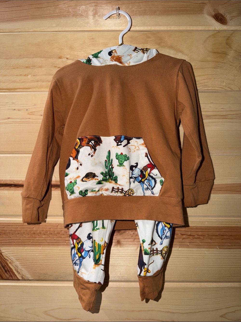 Baby Western Hoodie Set with Cowboy Print - Brown & Cream